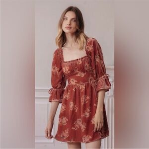 Lait Collection Velvet Midi Dress Large floral brown smocked cottagecore boho